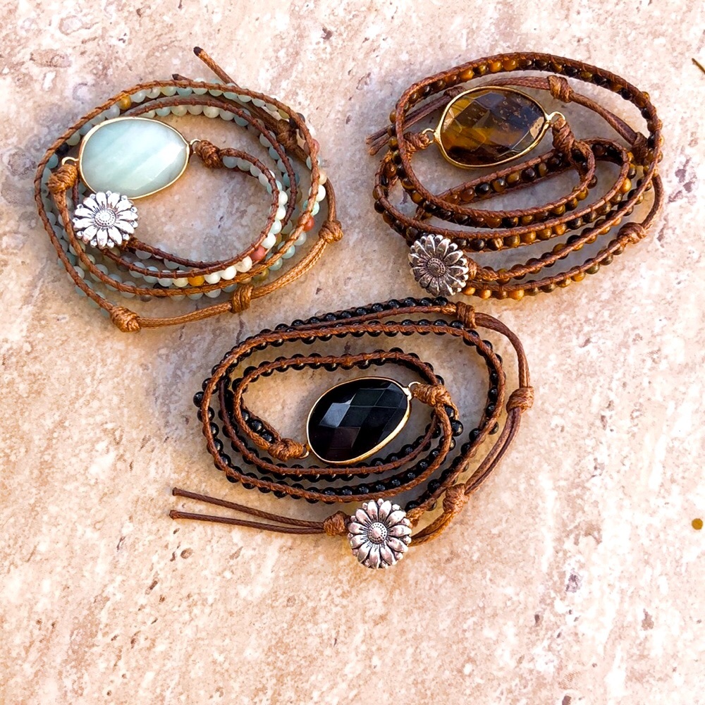NEW Black Onyx Boho Beaded Leather Wrap Bracelet - Picture 6 of 8